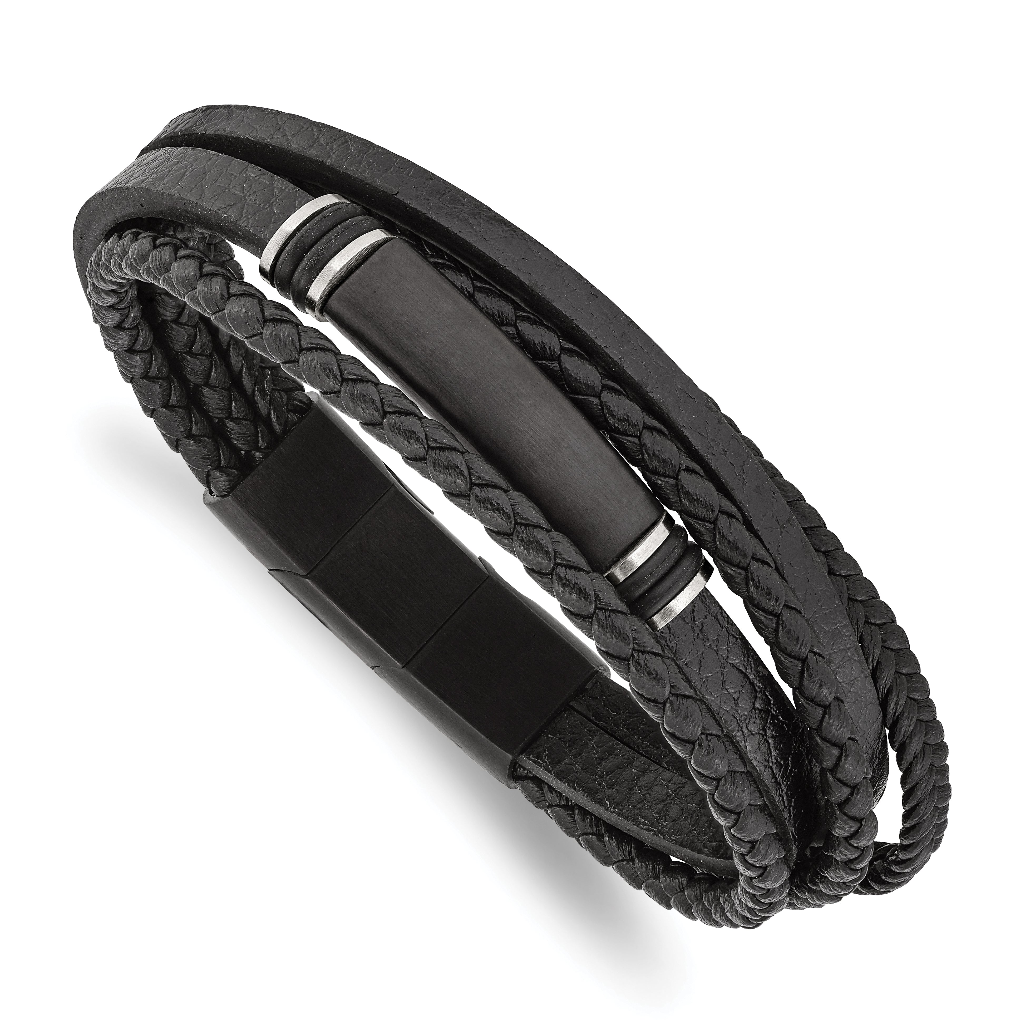 Chisel Stainless Steel Brushed Black IP-plated Multi Strand Black PU Leather and Rubber 8 inch ID Bracelet with .5 inch Extension