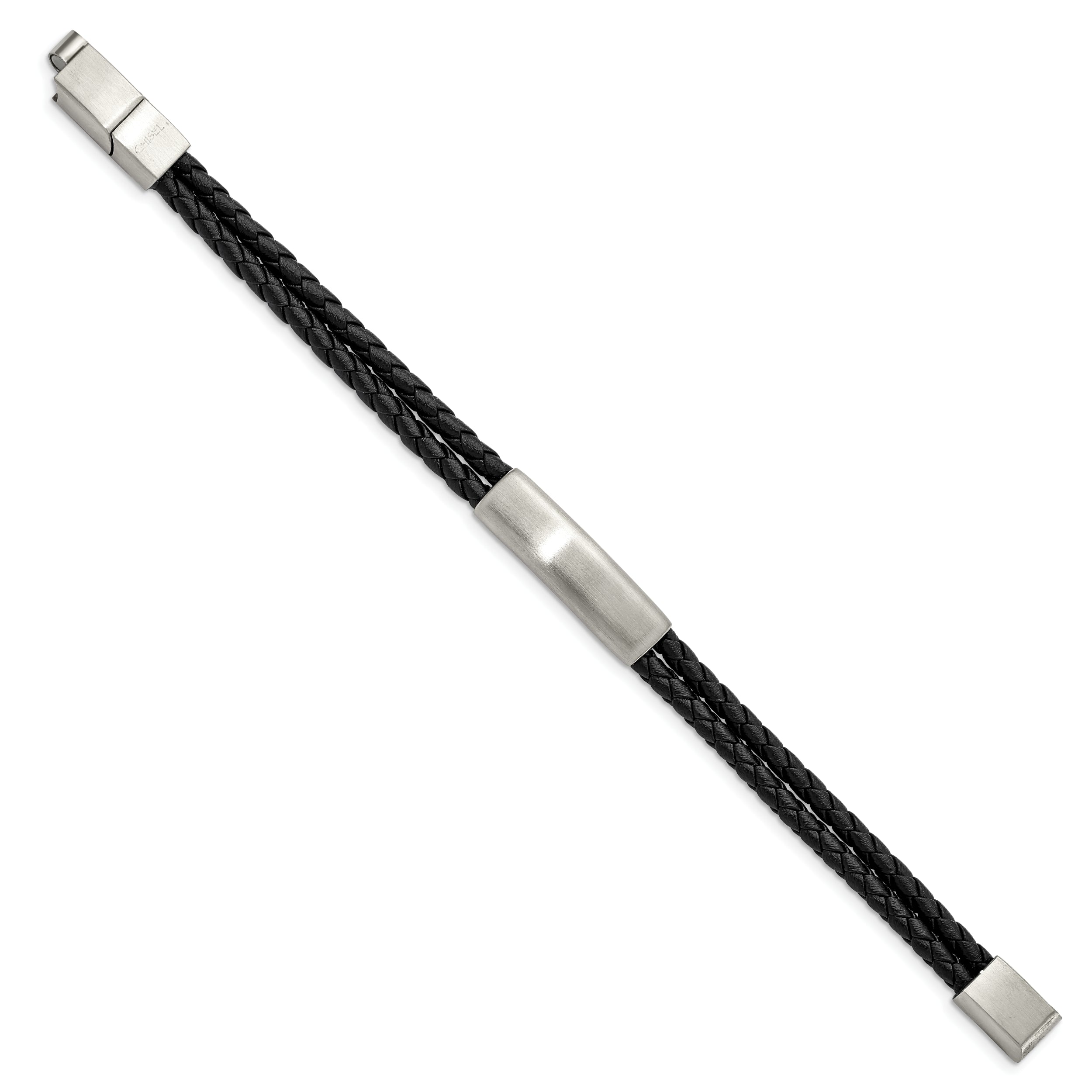 Chisel Stainless Steel Brushed Braided Black Leather Multi Strand 8 inch Plus .5 inch Extenstion Bracelet - 8.5