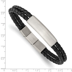 Chisel Stainless Steel Brushed Braided Black Leather Multi Strand 8 inch Plus .5 inch Extenstion Bracelet - 8.5