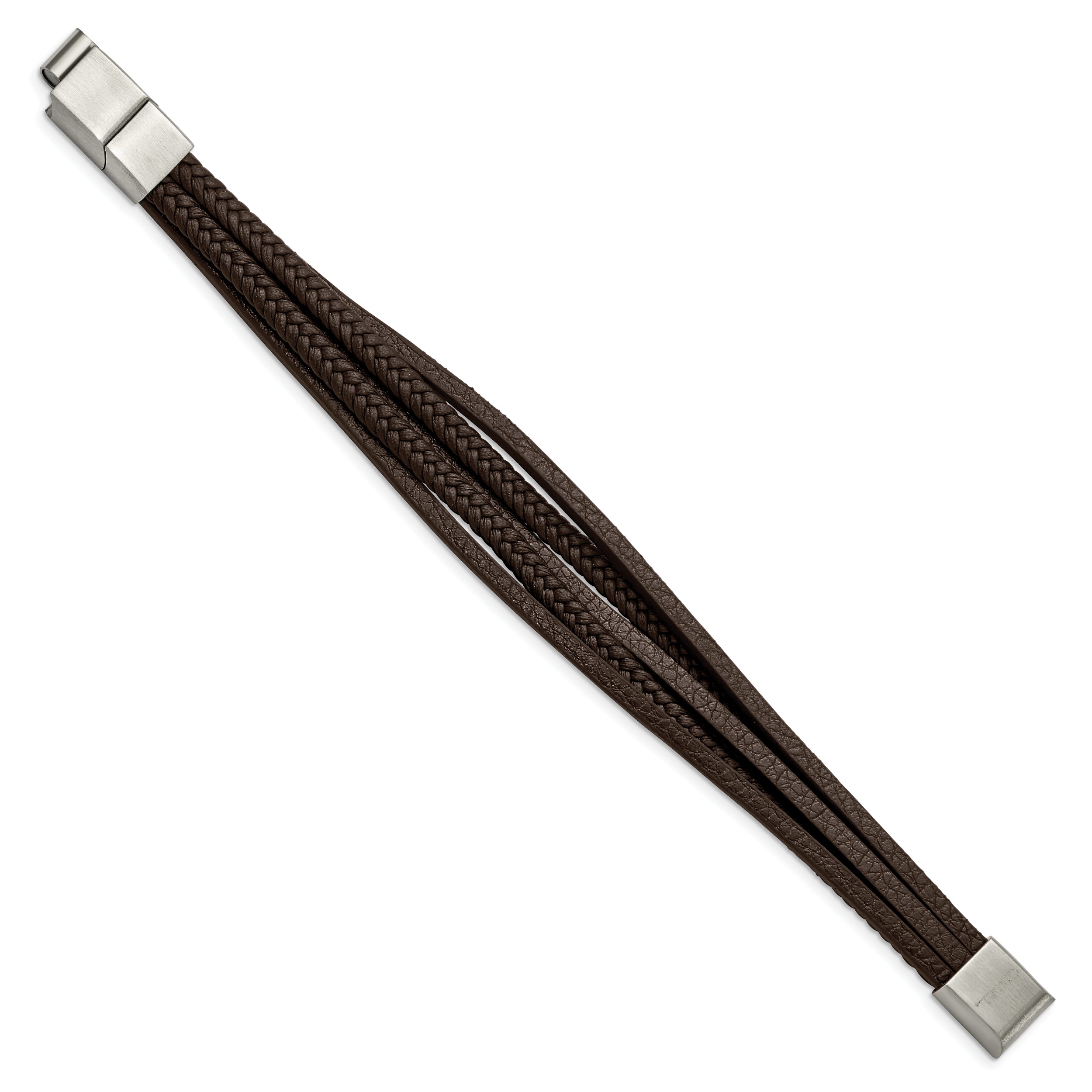 Chisel Stainless Steel Polished Multi Strand Brown PU Leather 8 inch Bracelet with .5 inch Extension