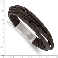 Chisel Stainless Steel Polished Multi Strand Brown PU Leather 8 inch Bracelet with .5 inch Extension