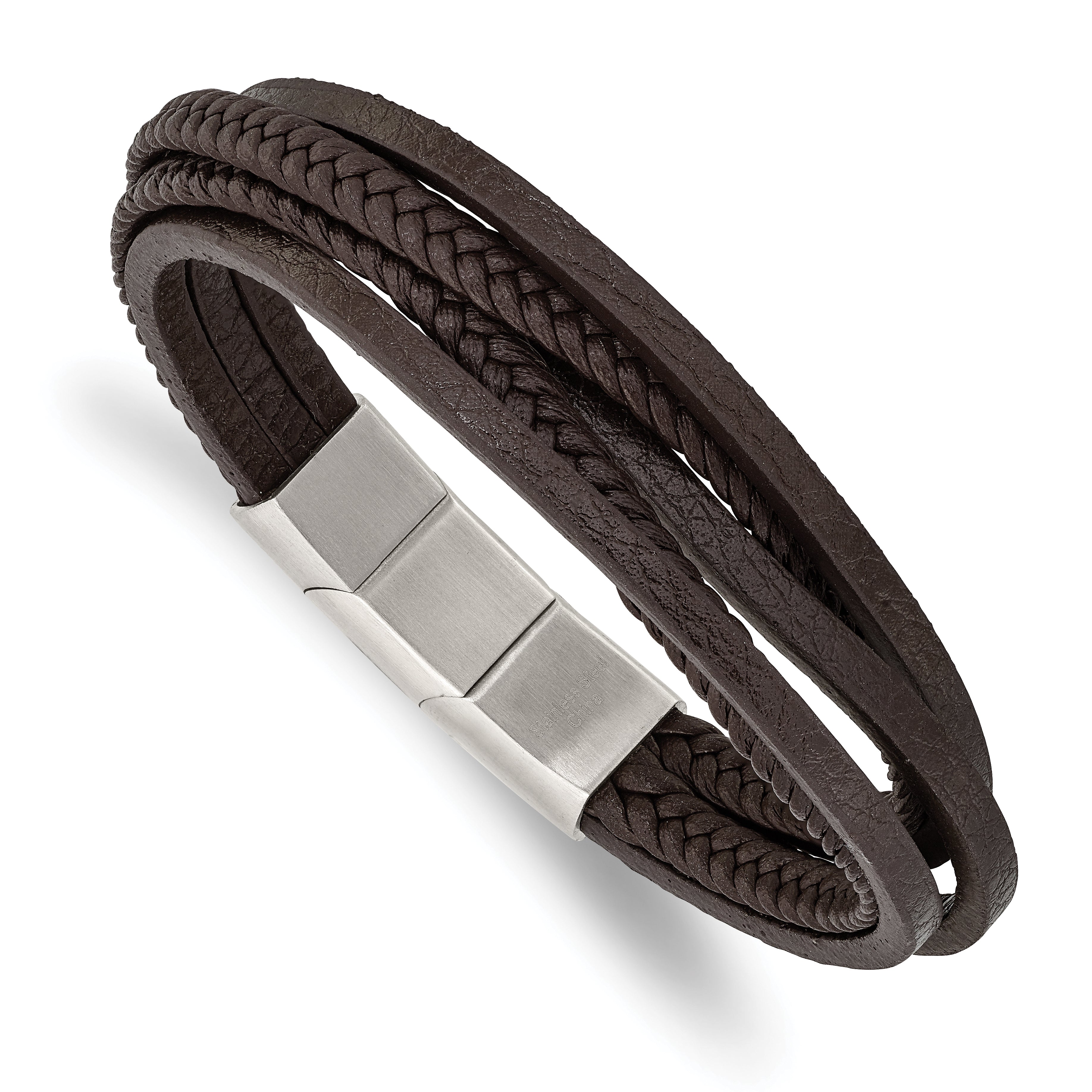 Chisel Stainless Steel Polished Multi Strand Brown PU Leather 8 inch Bracelet with .5 inch Extension Main image
