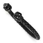Chisel Stainless Steel Polished Black IP-plated Skulls with Crystal Eyes Black Braided Leather Cuff Bangle