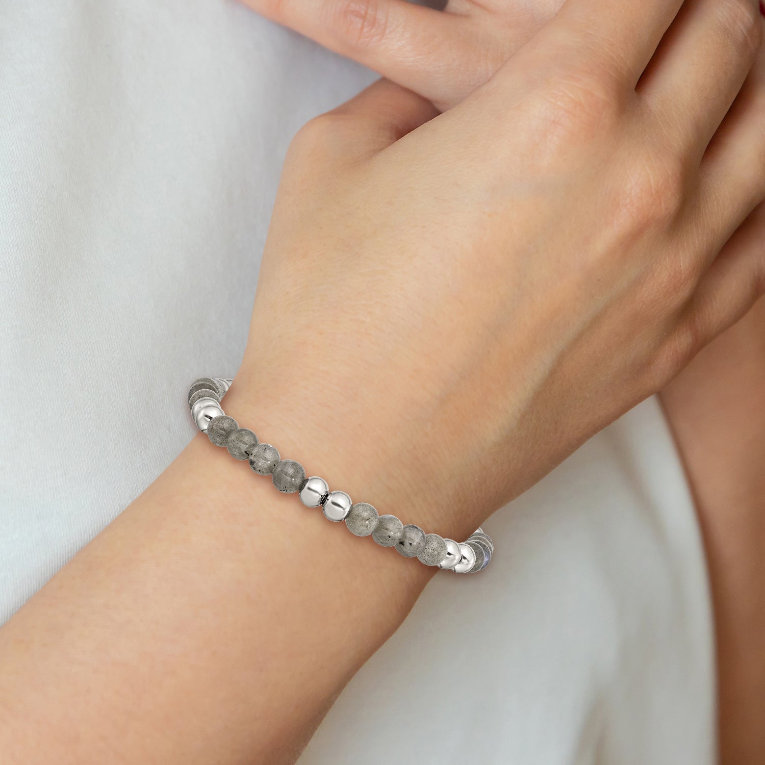 Chisel Stainless Steel 6mm Polished Grey Quartz Beaded Stretch Bracelet