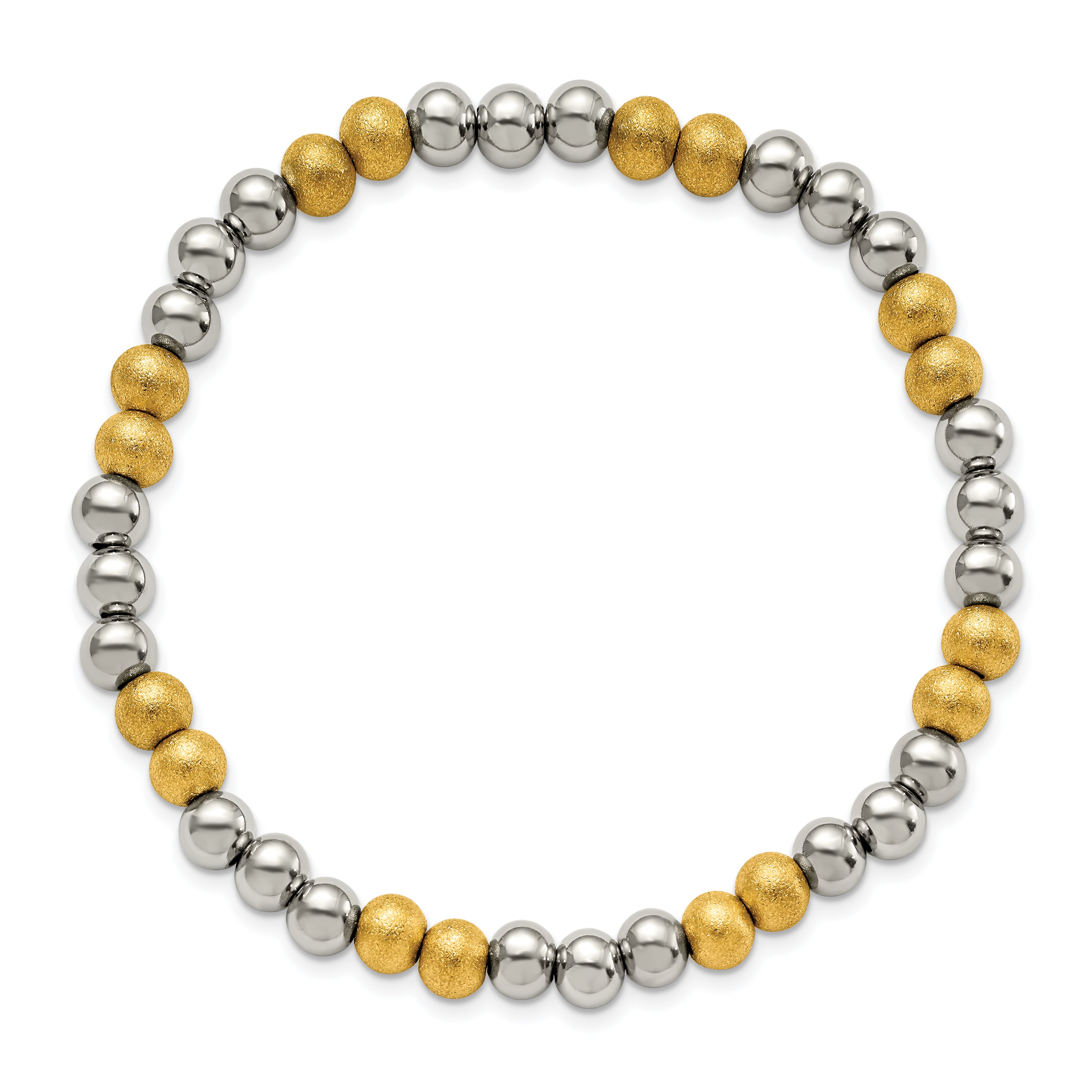 Chisel Stainless Steel Polished Yellow IP-plated Sandblasted 6mm Beaded Stretch Bracelet - 7.5