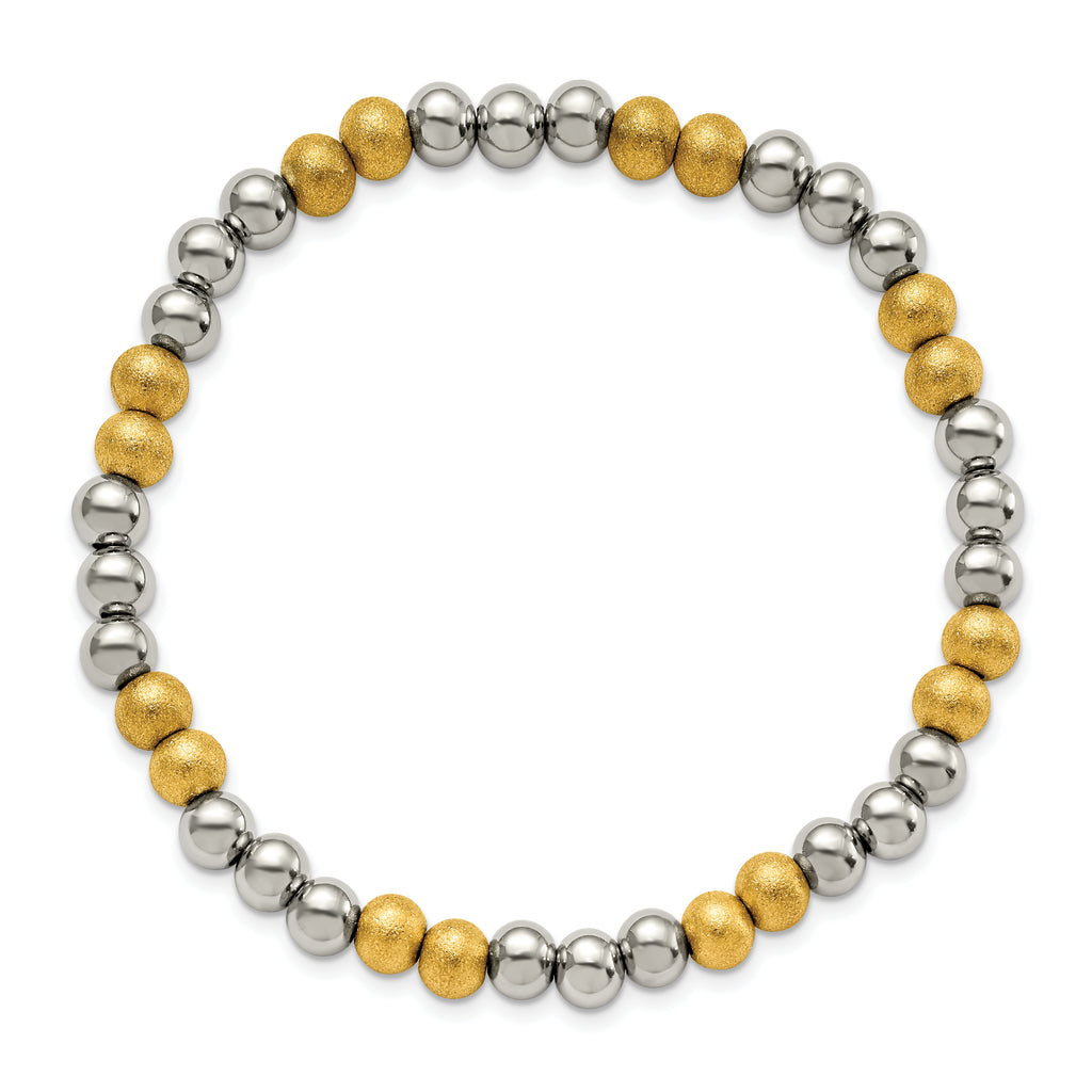 Chisel Stainless Steel Polished Yellow IP-plated Sandblasted 6mm Beaded Stretch Bracelet