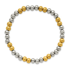 Chisel Stainless Steel Polished Yellow IP-plated Sandblasted 6mm Beaded Stretch Bracelet - 7.5