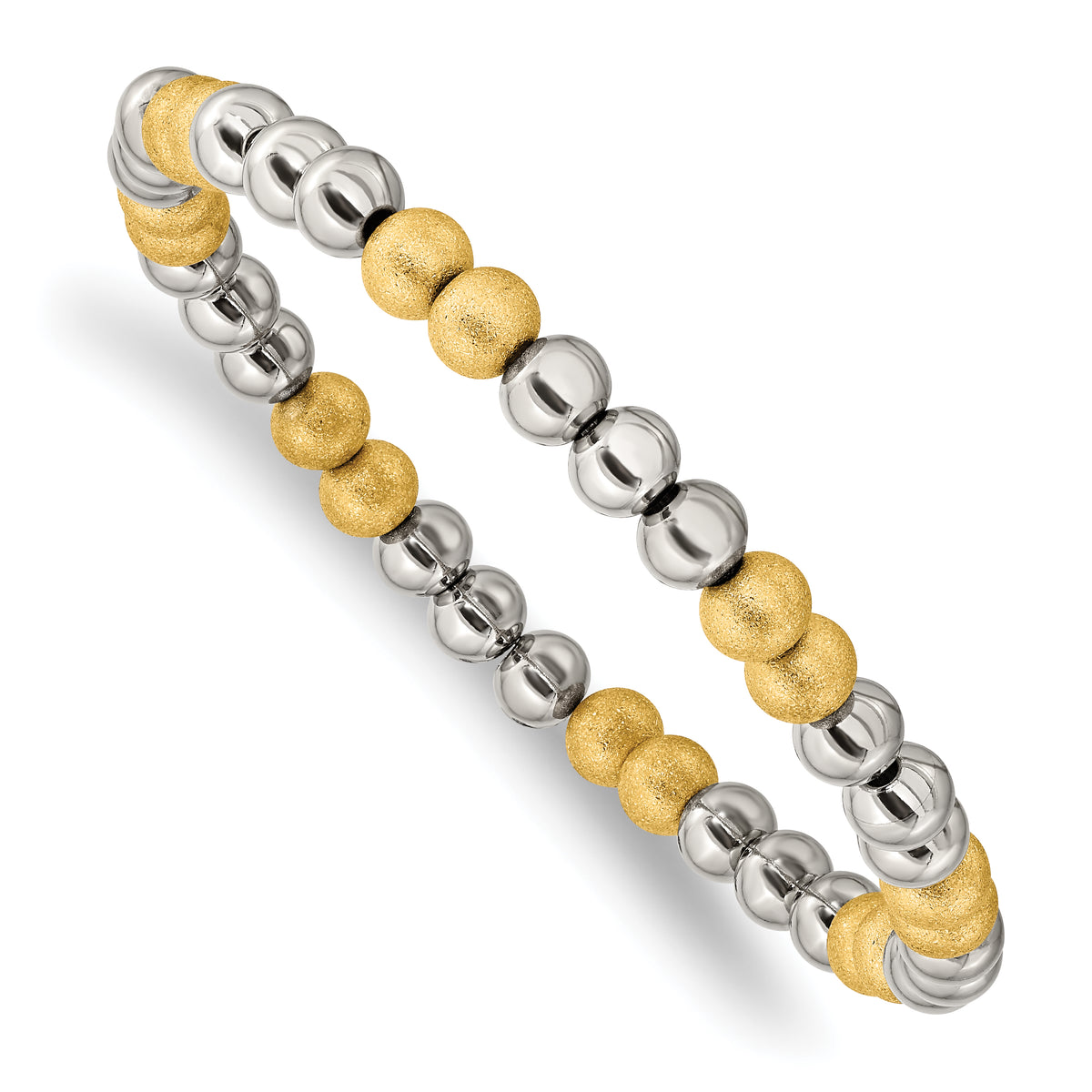 Chisel Stainless Steel Polished Yellow IP-plated Sandblasted 6mm Beaded Stretch Bracelet