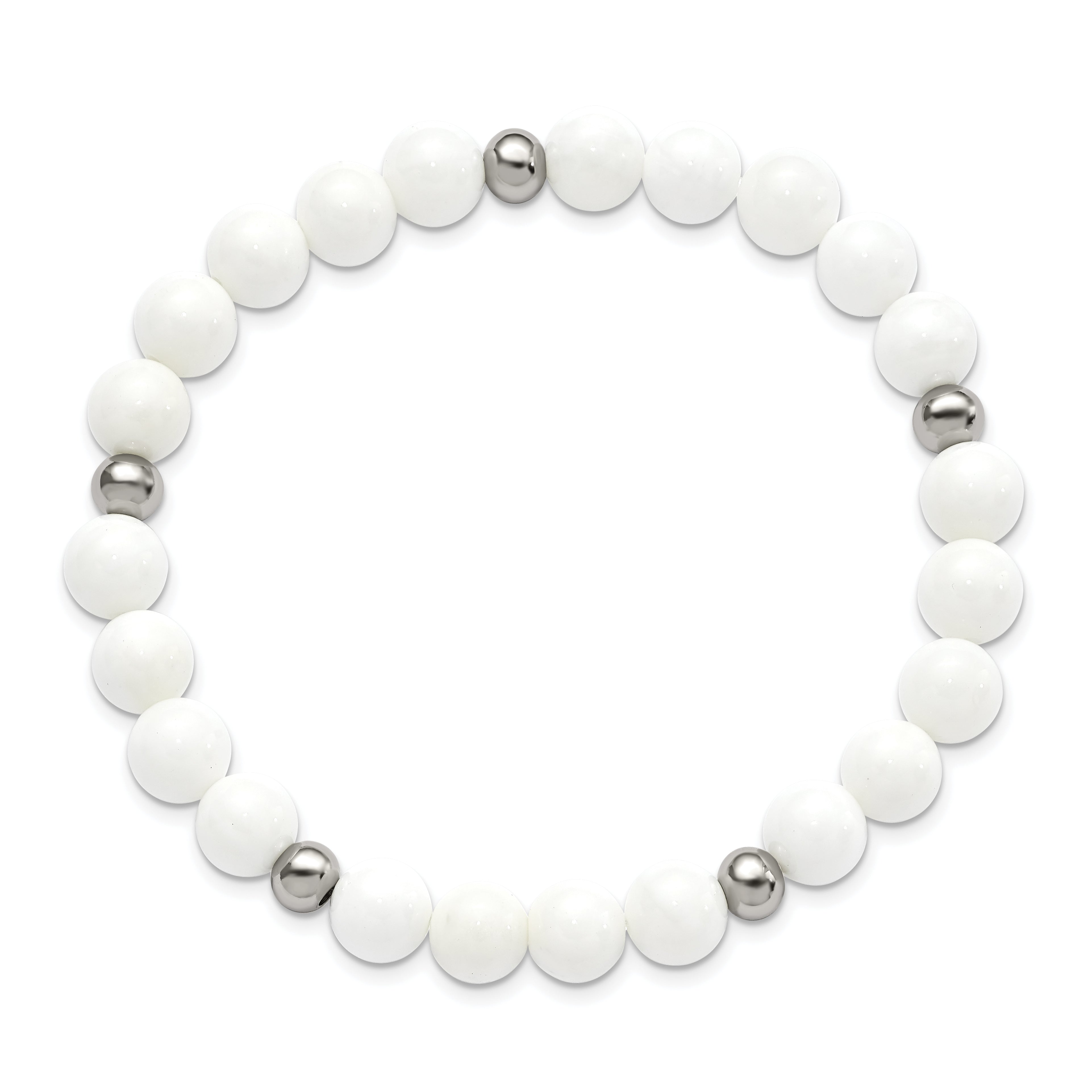 Chisel Stainless Steel Polished 6-8mm White Ceramic Beaded Stretch Bracelet - 7.5