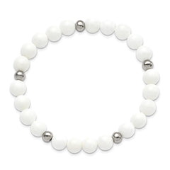 Chisel Stainless Steel Polished 6-8mm White Ceramic Beaded Stretch Bracelet - 7.5