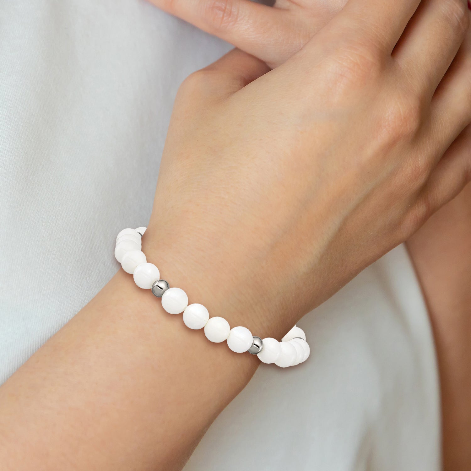 Chisel Stainless Steel Polished 6-8mm White Ceramic Beaded Stretch Bracelet - 7.5