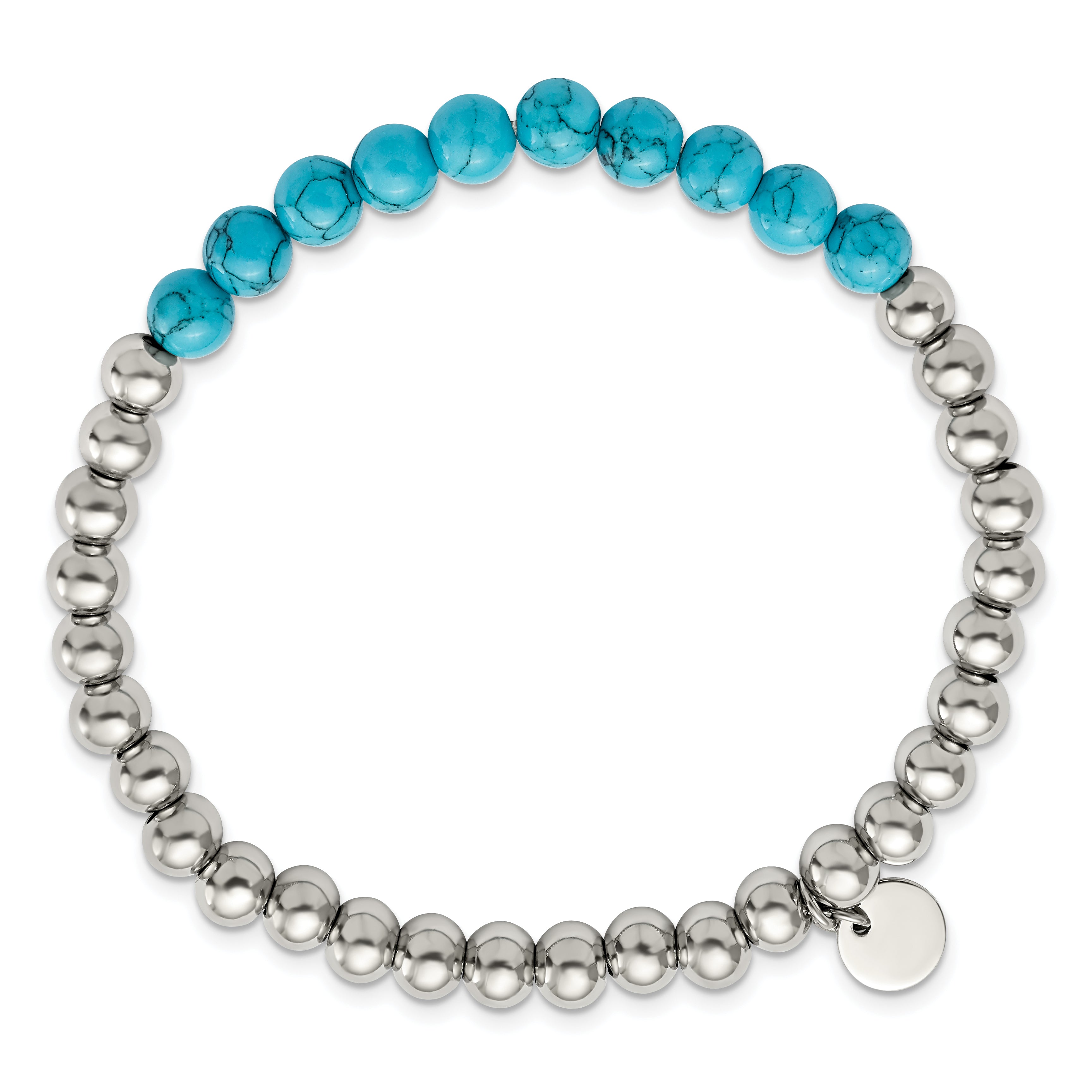 Chisel Stainless Steel Polished 6mm Synthetic Turquoise Beaded Stretch Bracelet - 7