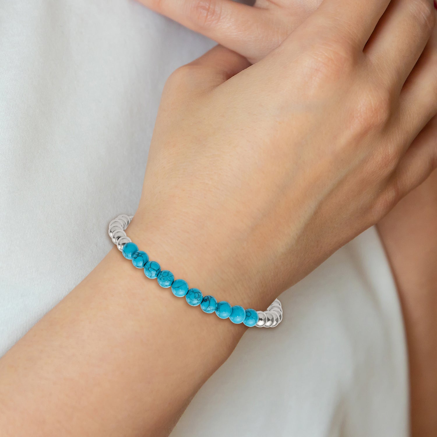 Chisel Stainless Steel Polished 6mm Synthetic Turquoise Beaded Stretch Bracelet - 7