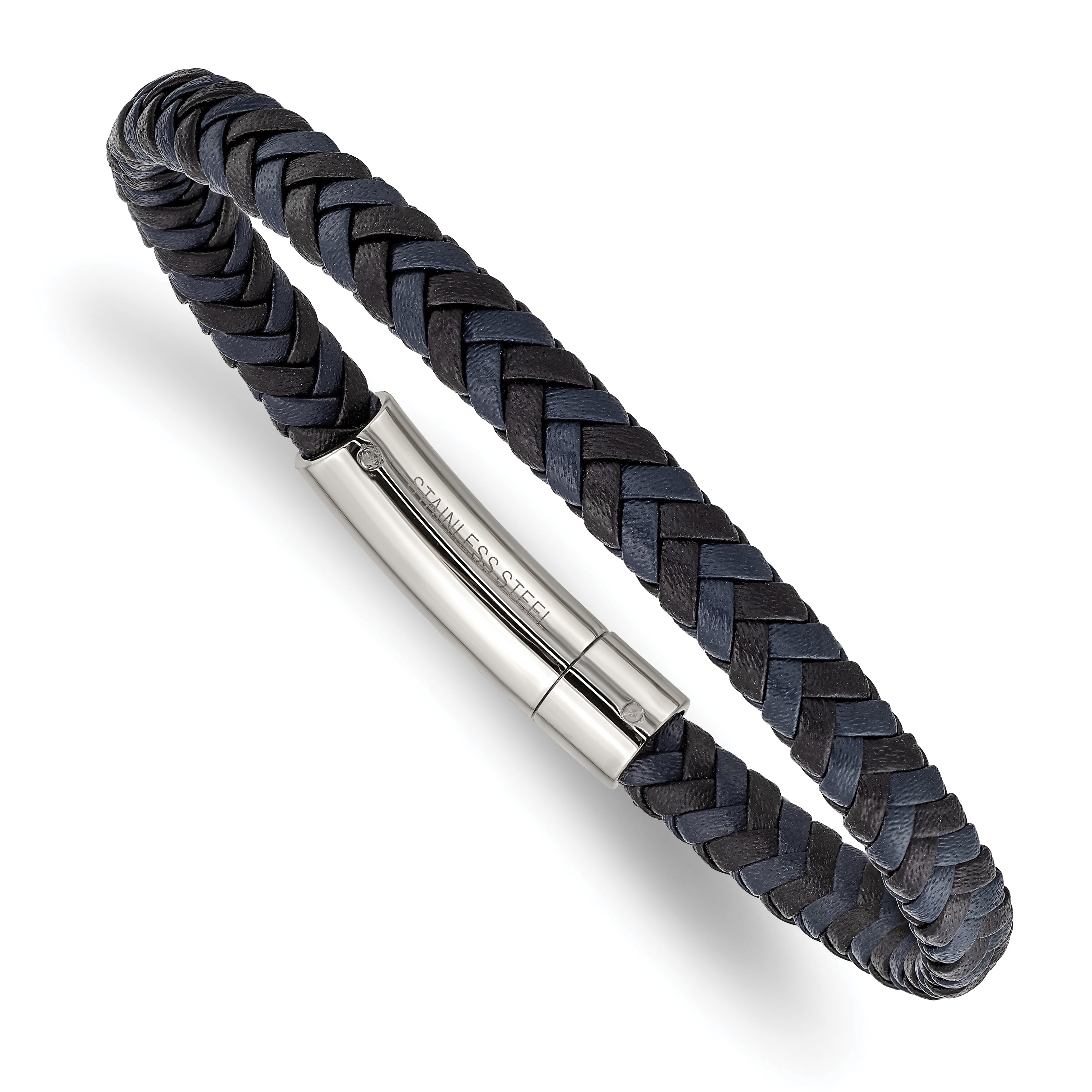 Chisel Stainless Steel Polished Black and Blue Braided Leather 8.25 inch Bracelet Main image