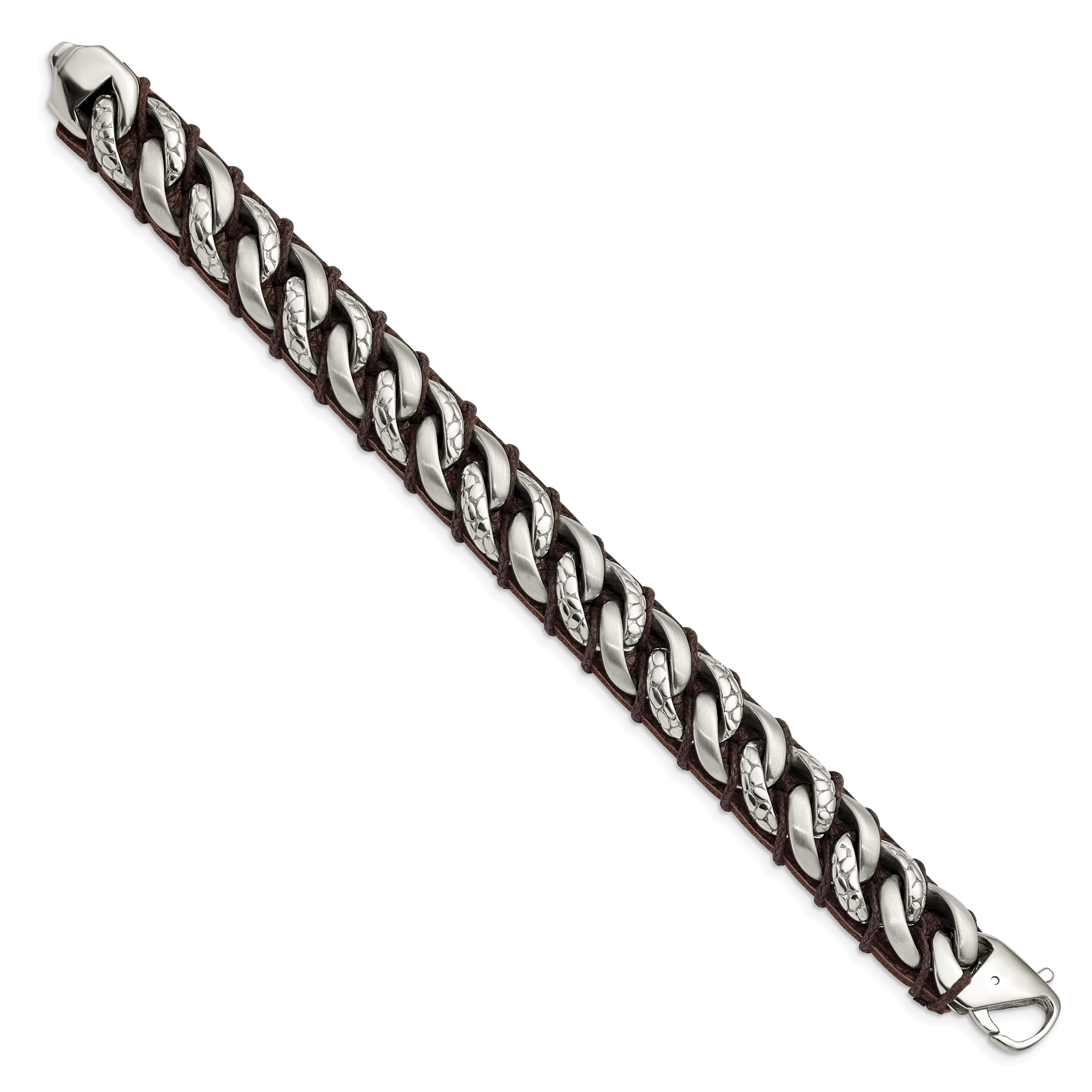 Curb Chain & Brown Leather Bracelet in Stainless Steel