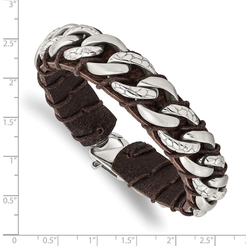 Curb Chain & Brown Leather Bracelet in Stainless Steel