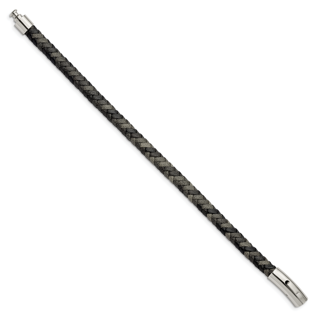 Braided Black & Grey Leather Bracelet in Stainless Steel