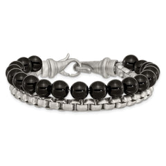 Stainless Steel Brushed Box Chain & Black Onyx 2 Strand 8.5in Bracelet