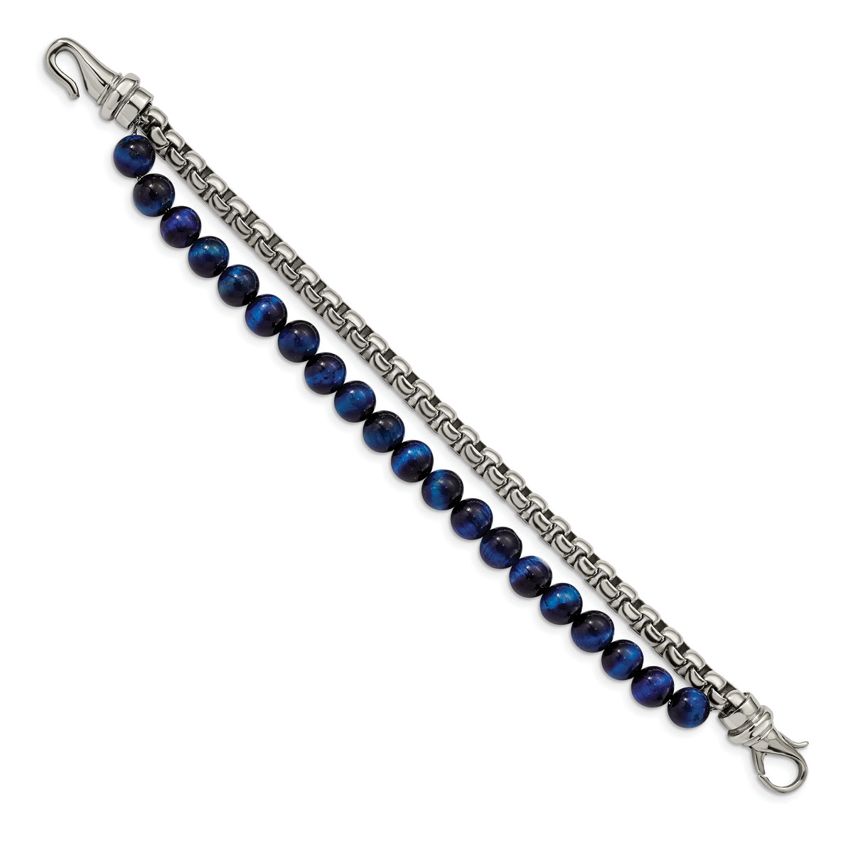 Chisel Stainless Steel Polished Box Chain and Blue Tiger's Eye Beads 2 Strand 8.5 inch Bracelet