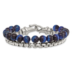 Chisel Stainless Steel Polished Box Chain and Blue Tiger's Eye Beads 2 Strand 8.5 inch Bracelet