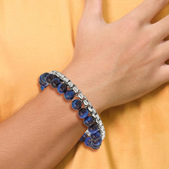 Chisel Stainless Steel Polished Box Chain and Blue Tiger's Eye Beads 2 Strand 8.5 inch Bracelet