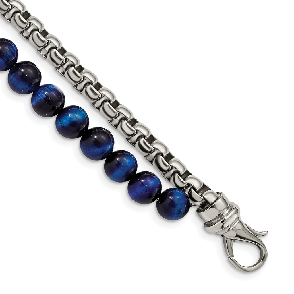 Chisel Stainless Steel Polished Box Chain and Blue Tiger's Eye Beads 2 Strand 8.5 inch Bracelet