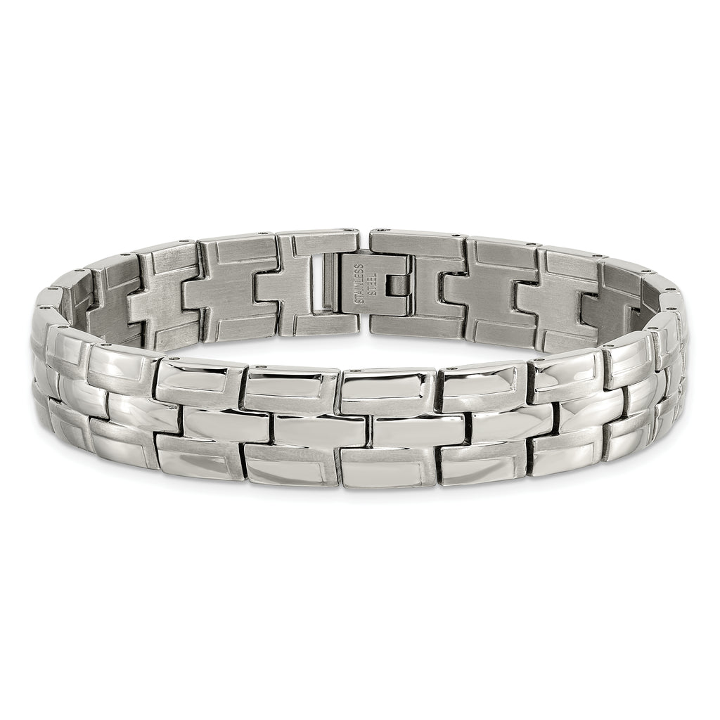 Brushed & Polished Link Bracelet in Stainless Steel, 12mm