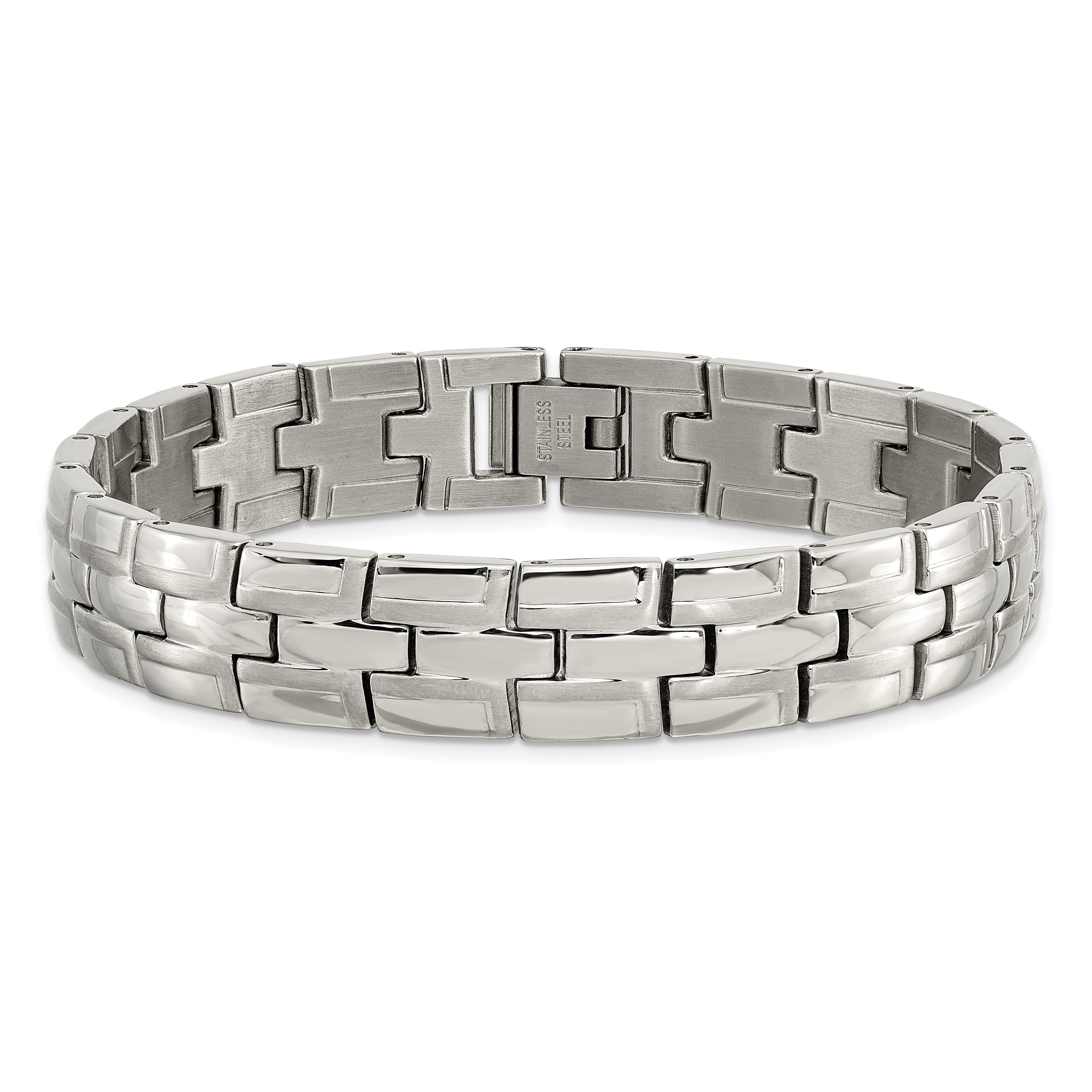 Brushed & Polished Link Bracelet in Stainless Steel, 12mm