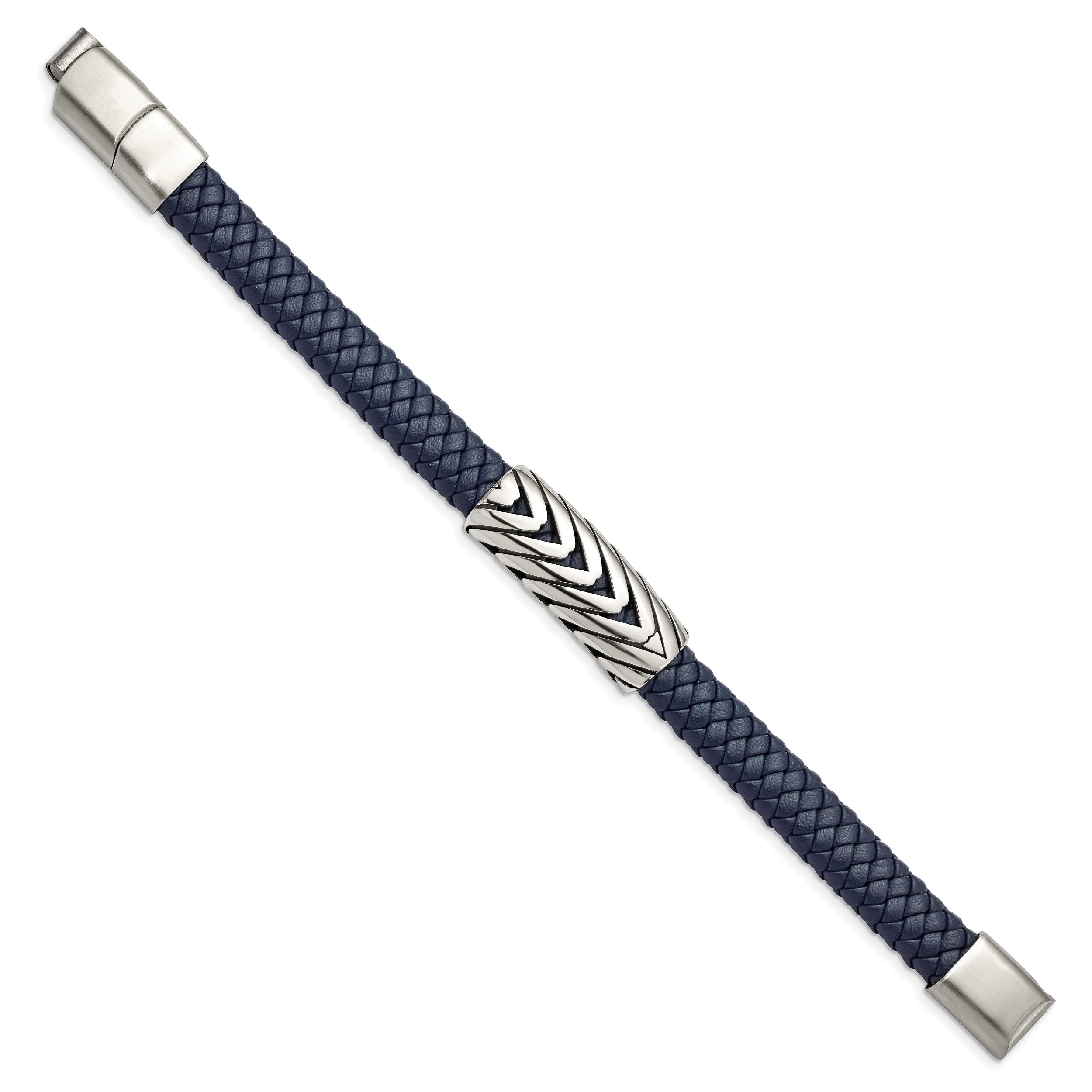 Chisel Stainless Steel Antiqued and Polished Braided Blue Faux Leather 8 inch + .5in Bracelet
