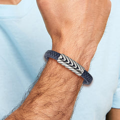 Chisel Stainless Steel Antiqued and Polished Braided Blue Faux Leather 8 inch + .5in Bracelet