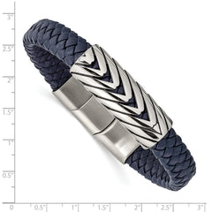 Chisel Stainless Steel Antiqued and Polished Braided Blue Faux Leather 8 inch + .5in Bracelet