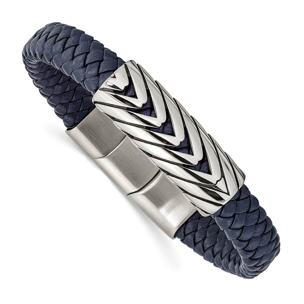 Chisel Stainless Steel Antiqued and Polished Braided Blue Faux Leather 8 inch + .5in Bracelet