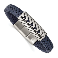 Chisel Stainless Steel Antiqued and Polished Braided Blue Faux Leather 8 inch + .5in Bracelet