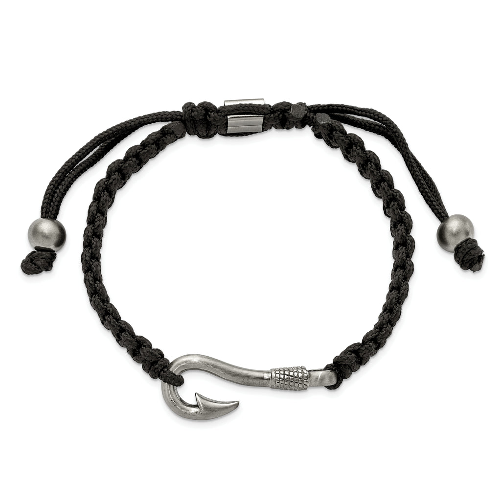 Fishing Hook Adjustable Bracelet in Stainless Steel & Black Nylon