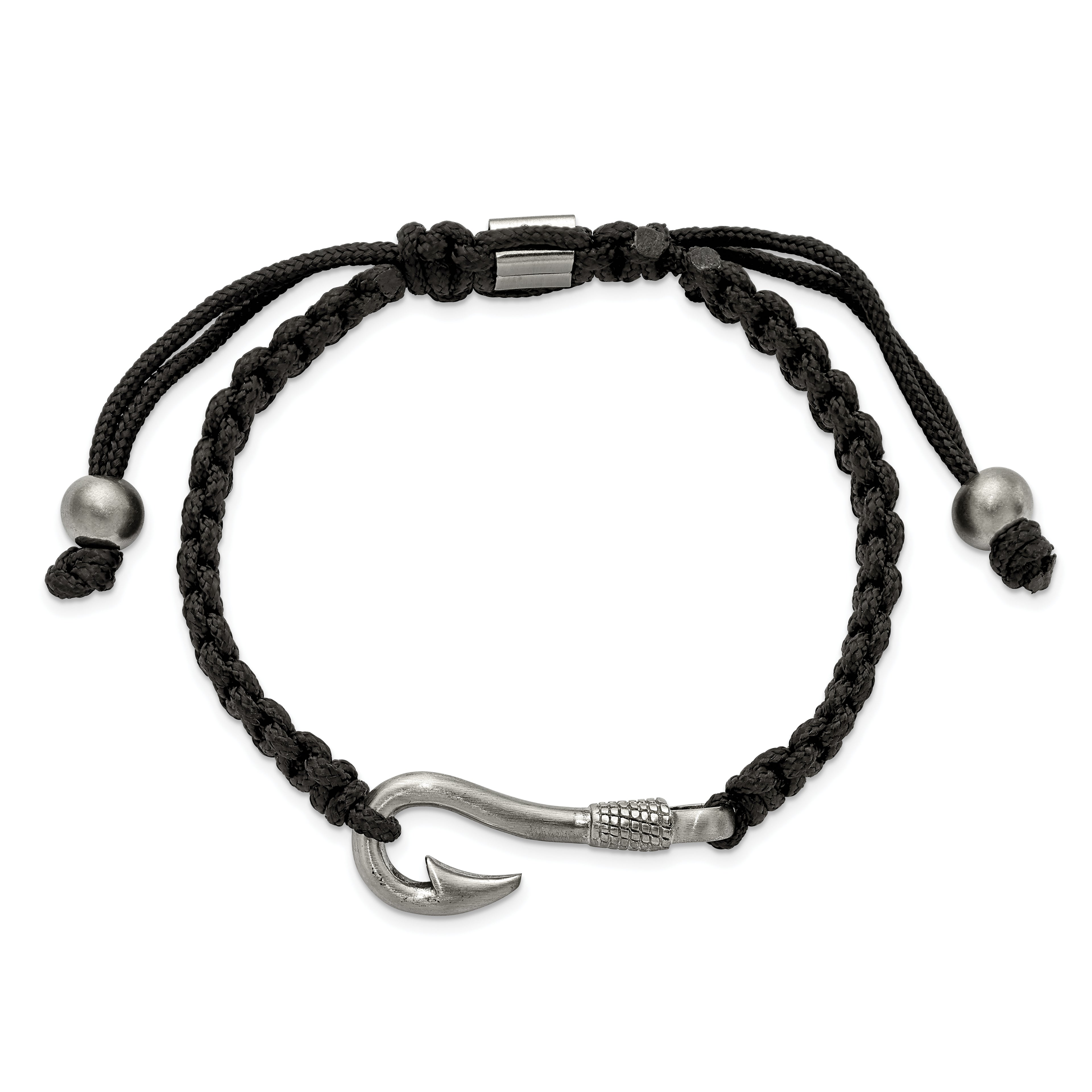 Fishing Hook Adjustable Bracelet in Stainless Steel & Black Nylon