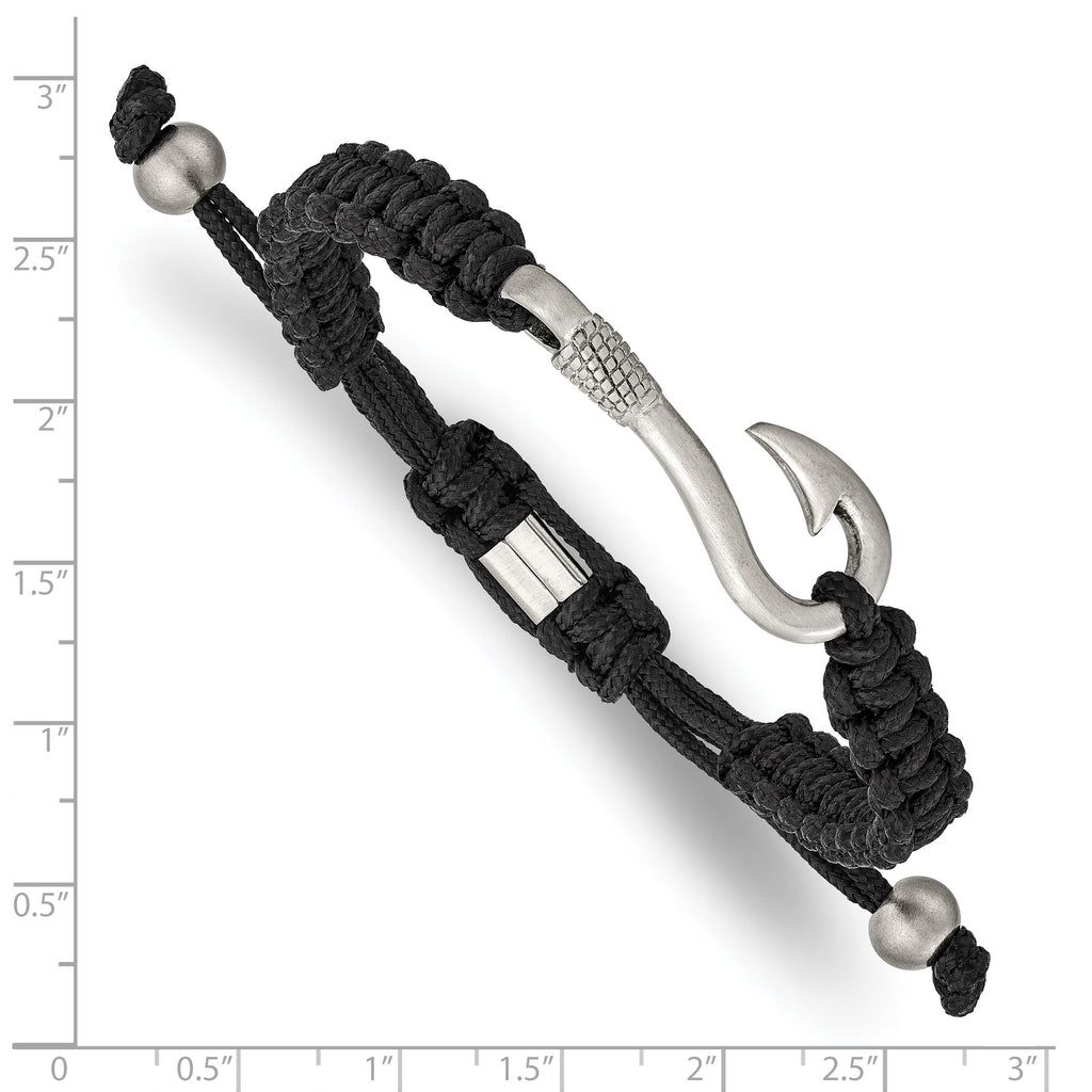 Fishing Hook Adjustable Bracelet in Stainless Steel & Black Nylon