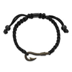 Chisel Stainless Steel Brushed Gun Metal IP-plated Fishing Hook Black Nylon Adjustable Bracelet - 6 to 9