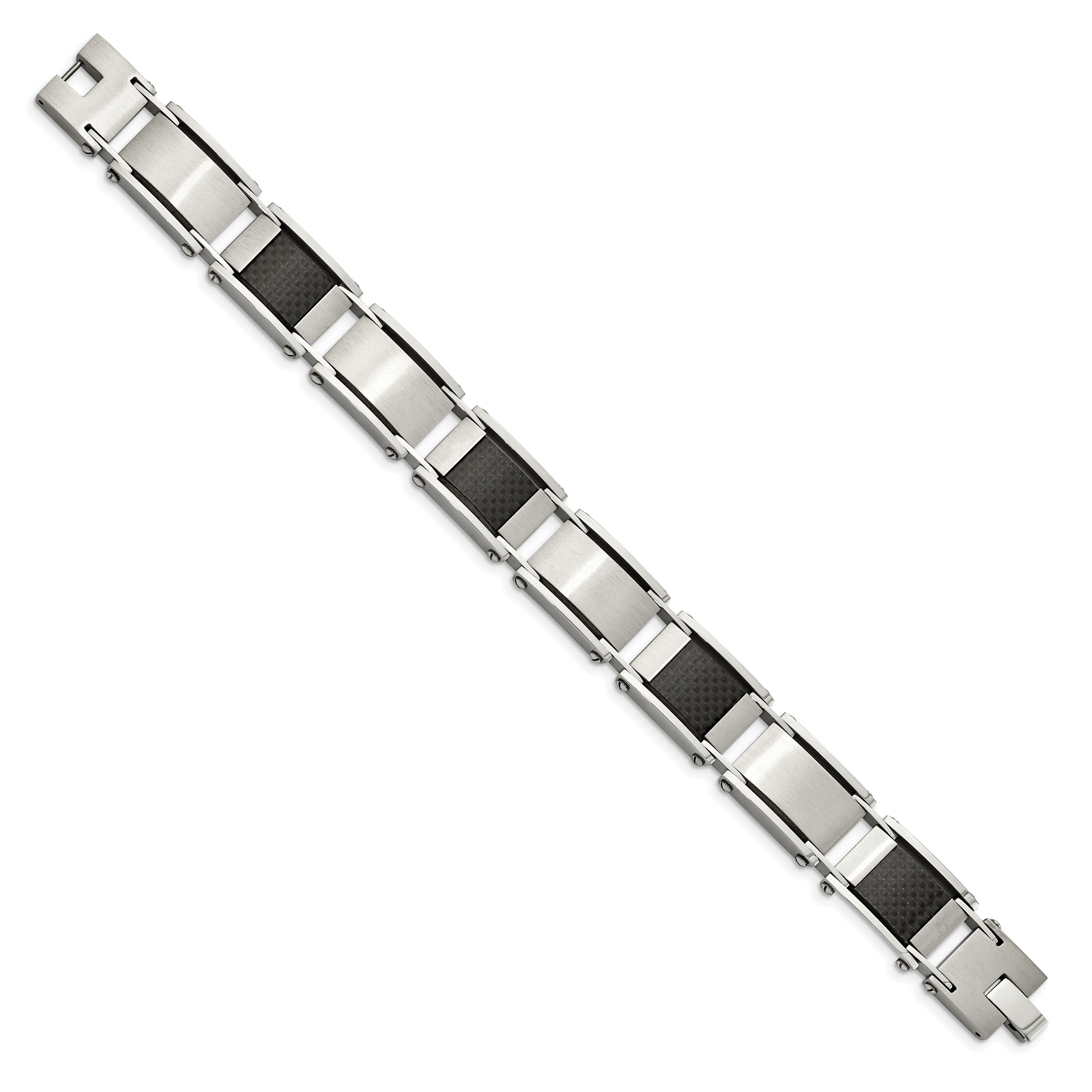 Chisel Stainless Steel Brushed and Polished with Black Carbon Fiber Inlay 8.75 inch Link Bracelet