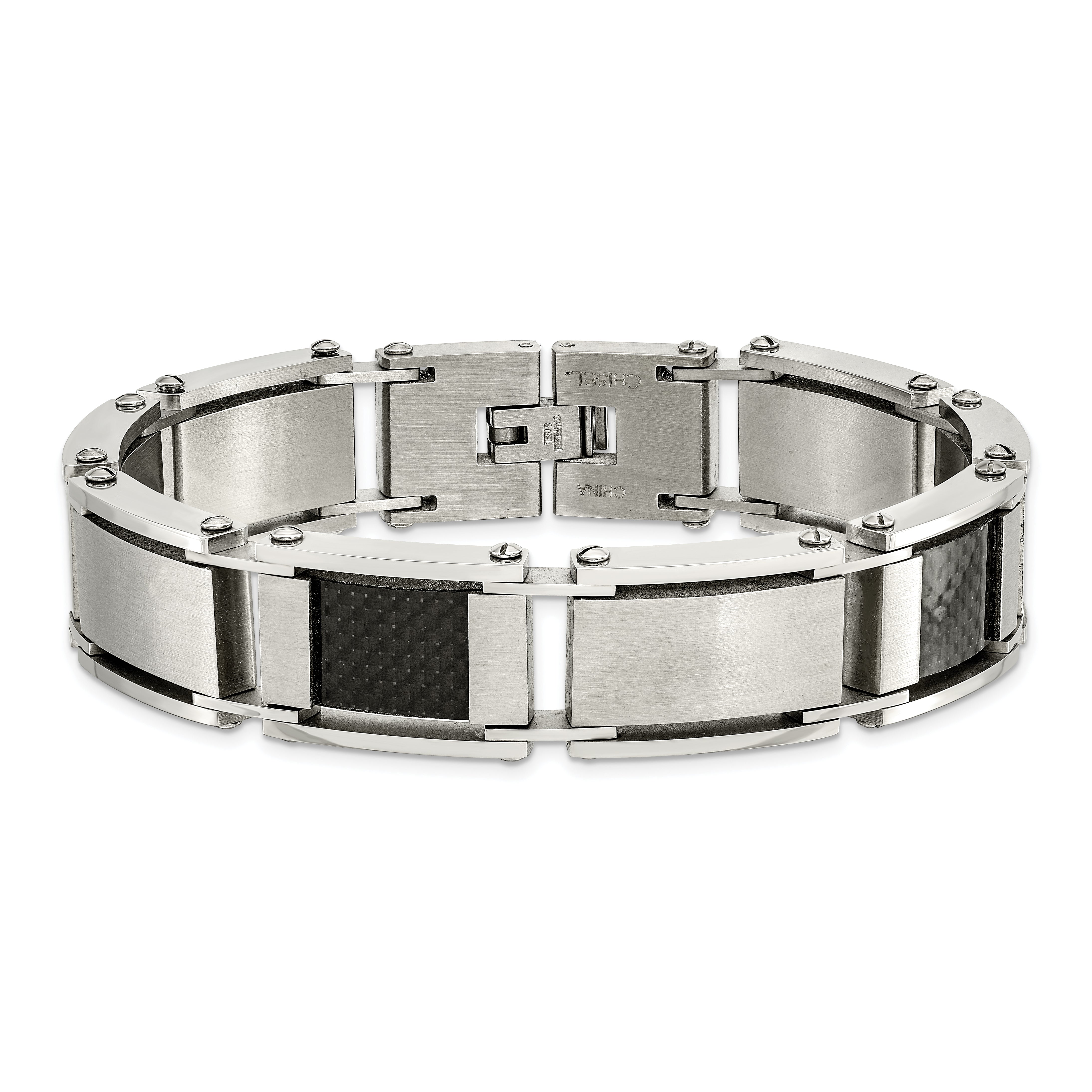Chisel Stainless Steel Brushed and Polished with Black Carbon Fiber Inlay 8.75 inch Link Bracelet