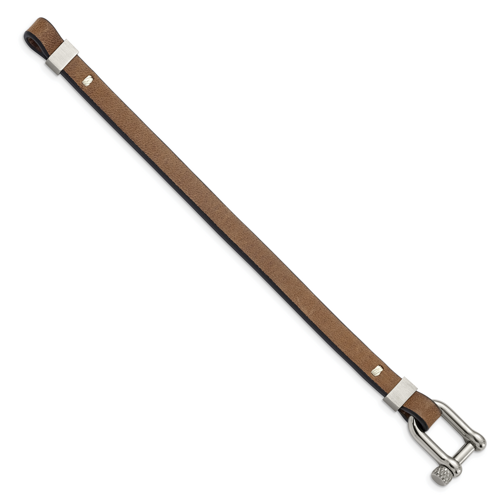 Brushed & Polished Leather Bracelet in Stainless Steel