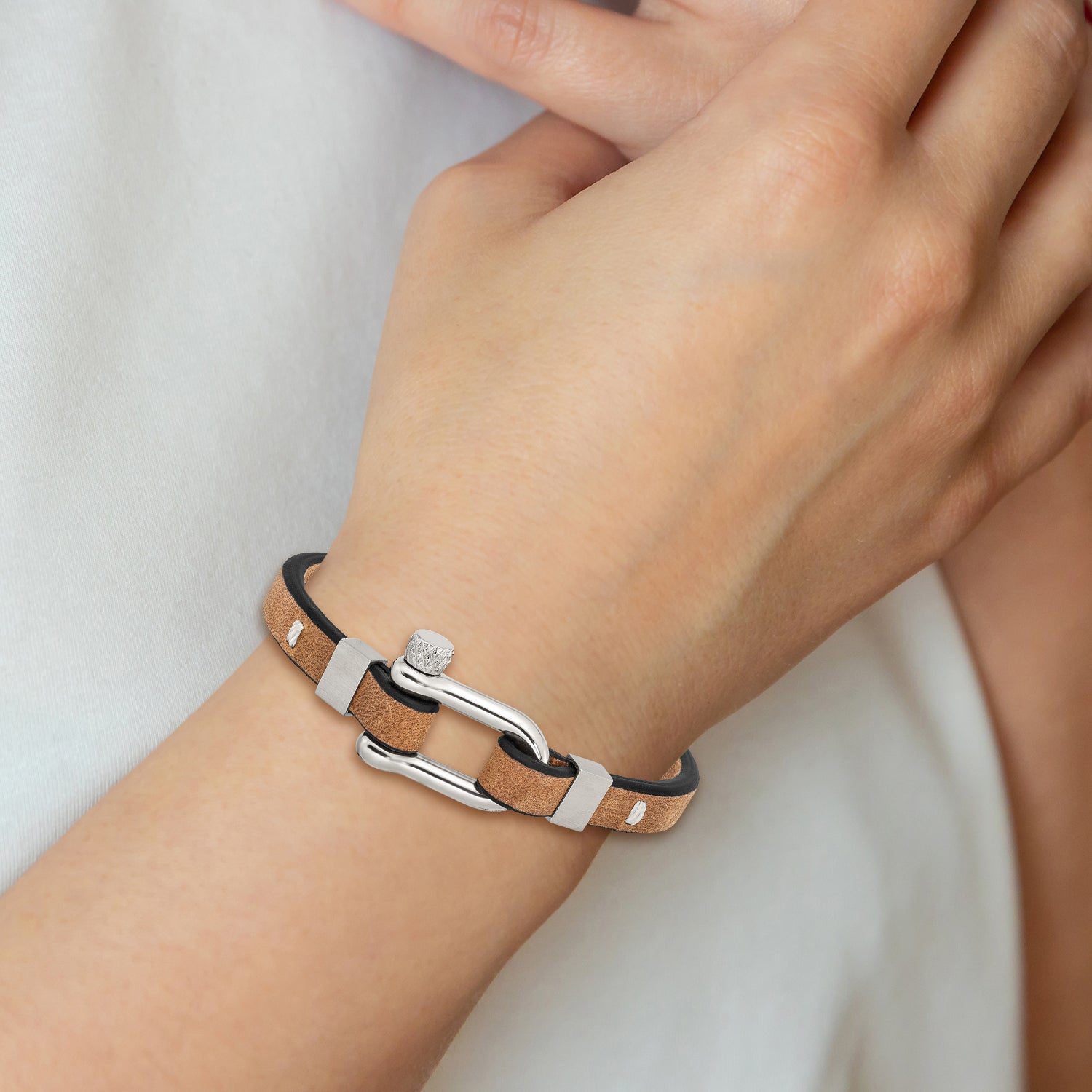 Black & Tan Leather Bracelet in Stainless Steel