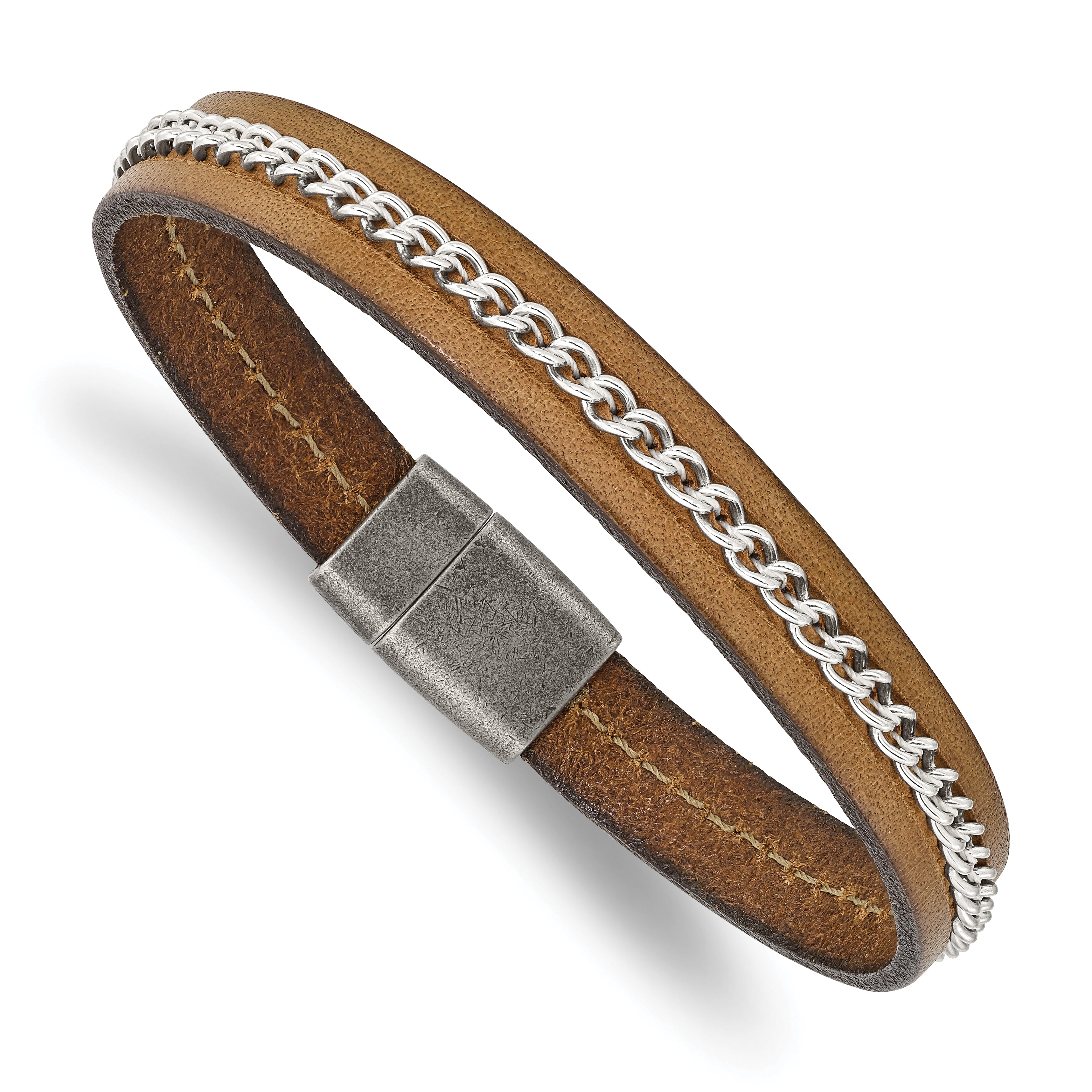 Chisel Stainless Steel Antiqued Brushed Brown Leather with Polished Chain 8.25 inch Bracelet