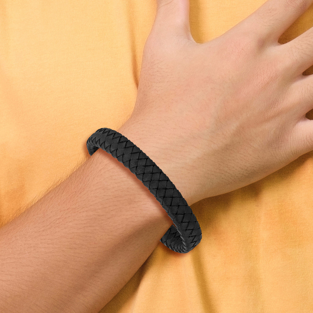 Antiqued Braided Leather Bracelet in Stainless Steel