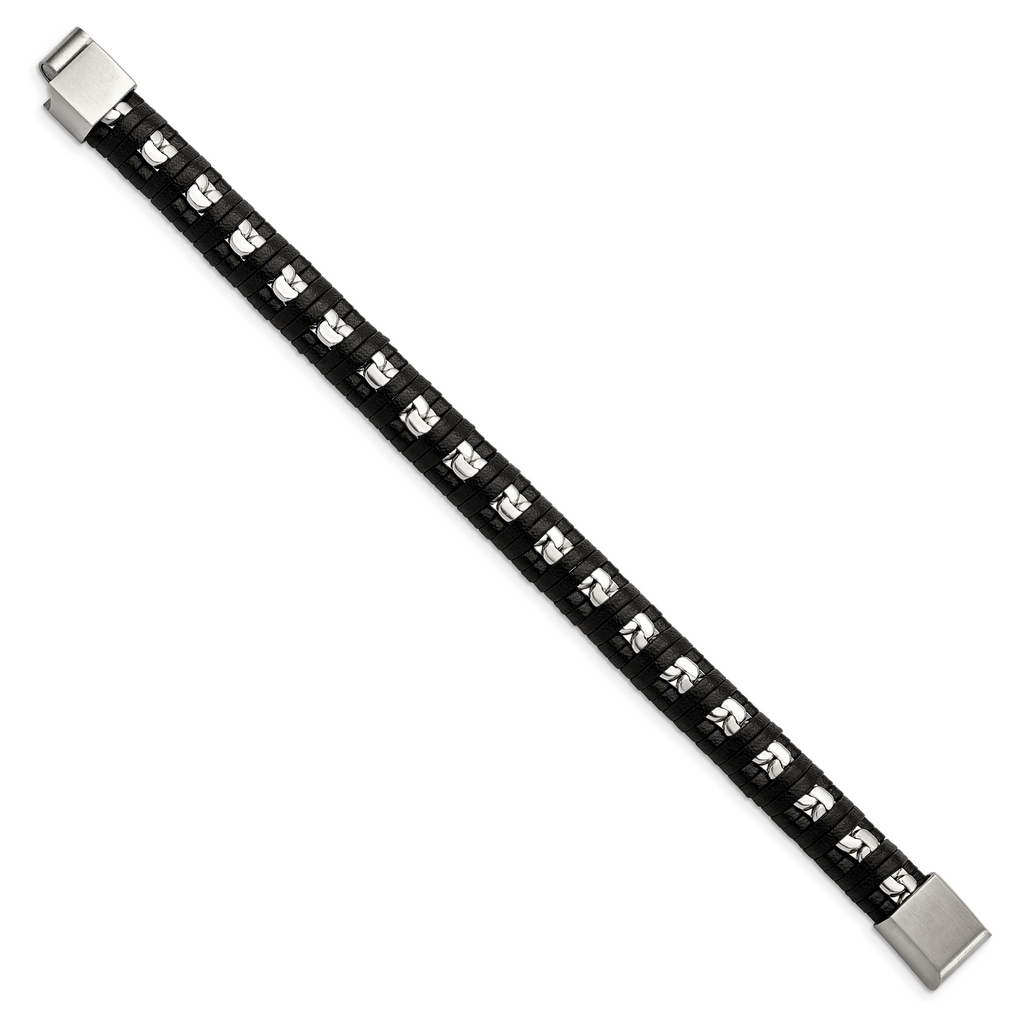 Polished Chain & Black Leather Bracelet in Stainless Steel