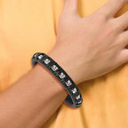 Polished Chain & Black Leather Bracelet in Stainless Steel