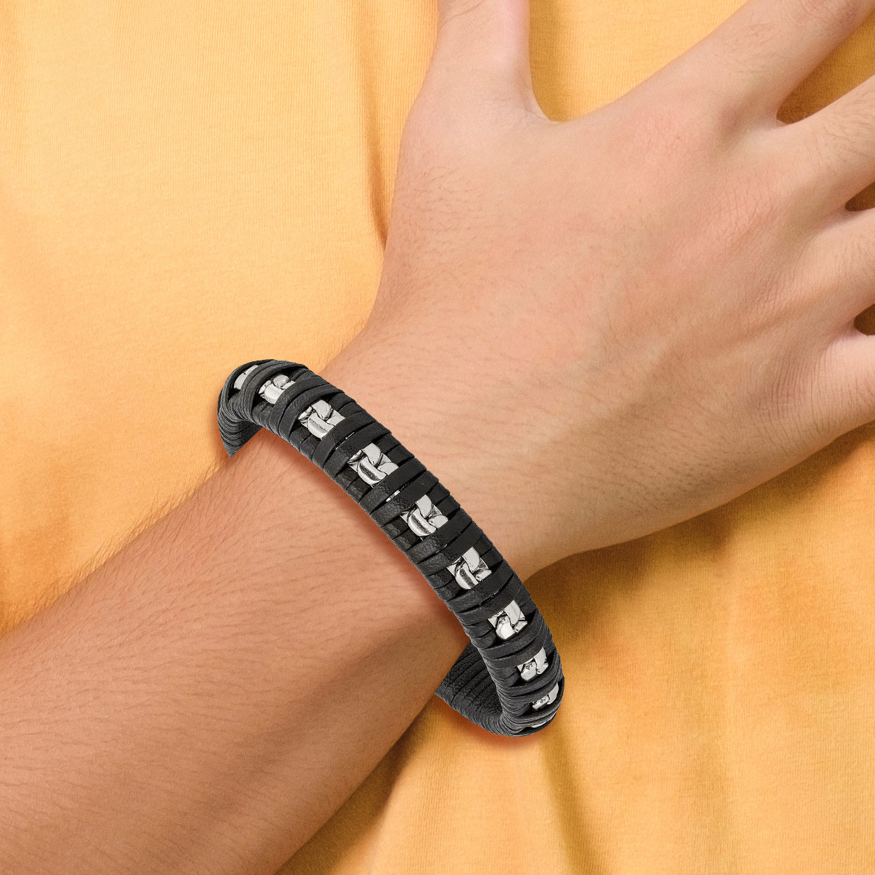 Polished Chain & Black Leather Bracelet in Stainless Steel