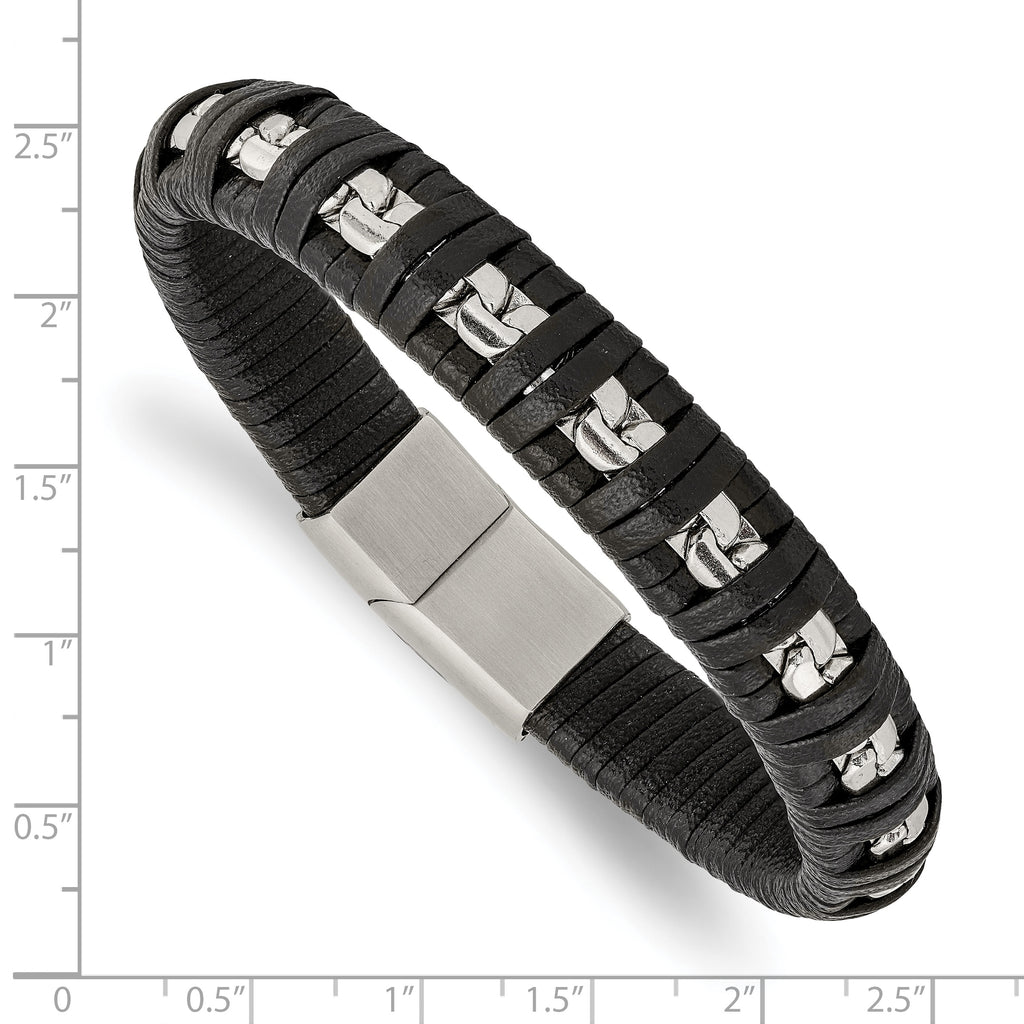Polished Chain & Black Leather Bracelet in Stainless Steel
