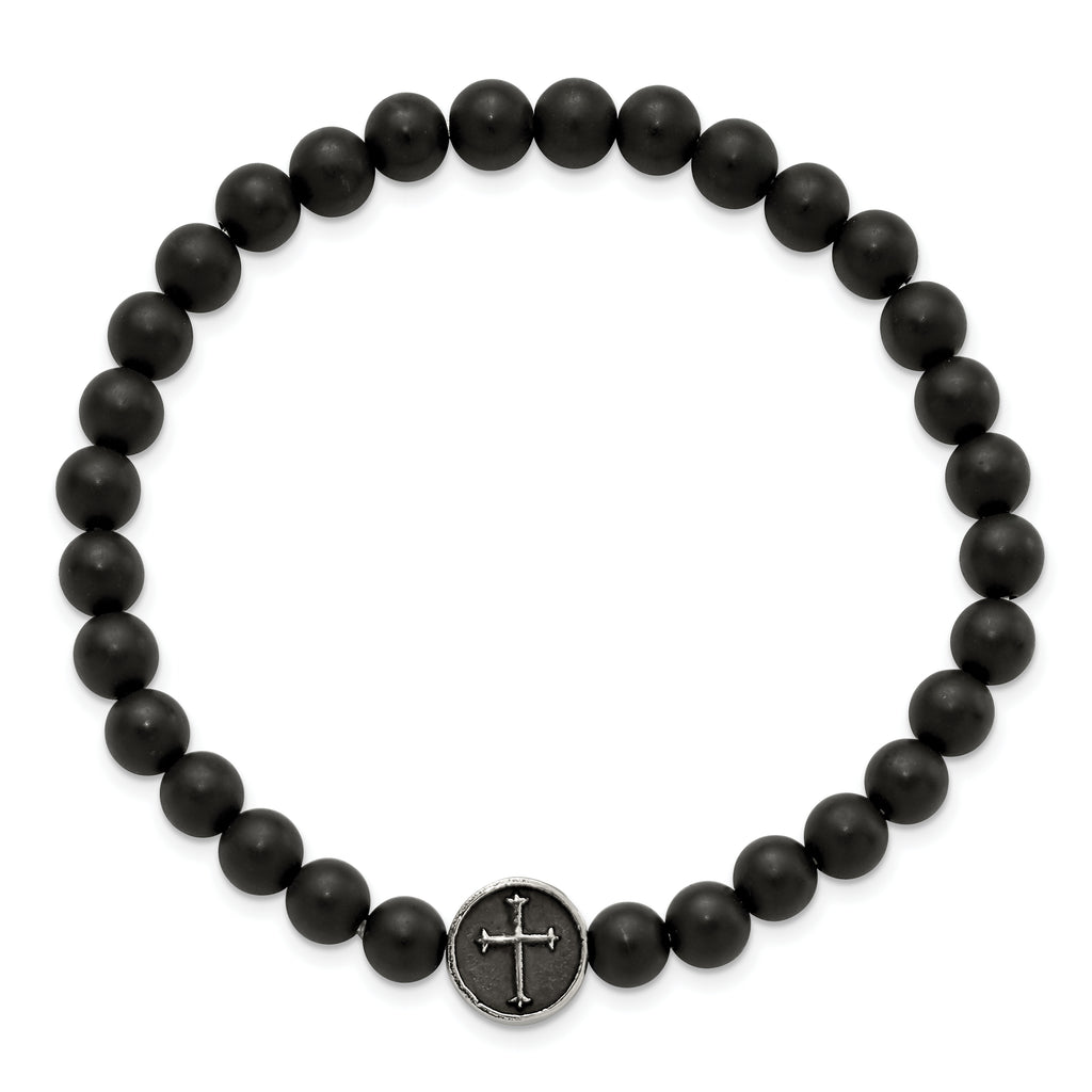 Cross & Black Agate Beaded Stretch Bracelet in Stainless Steel