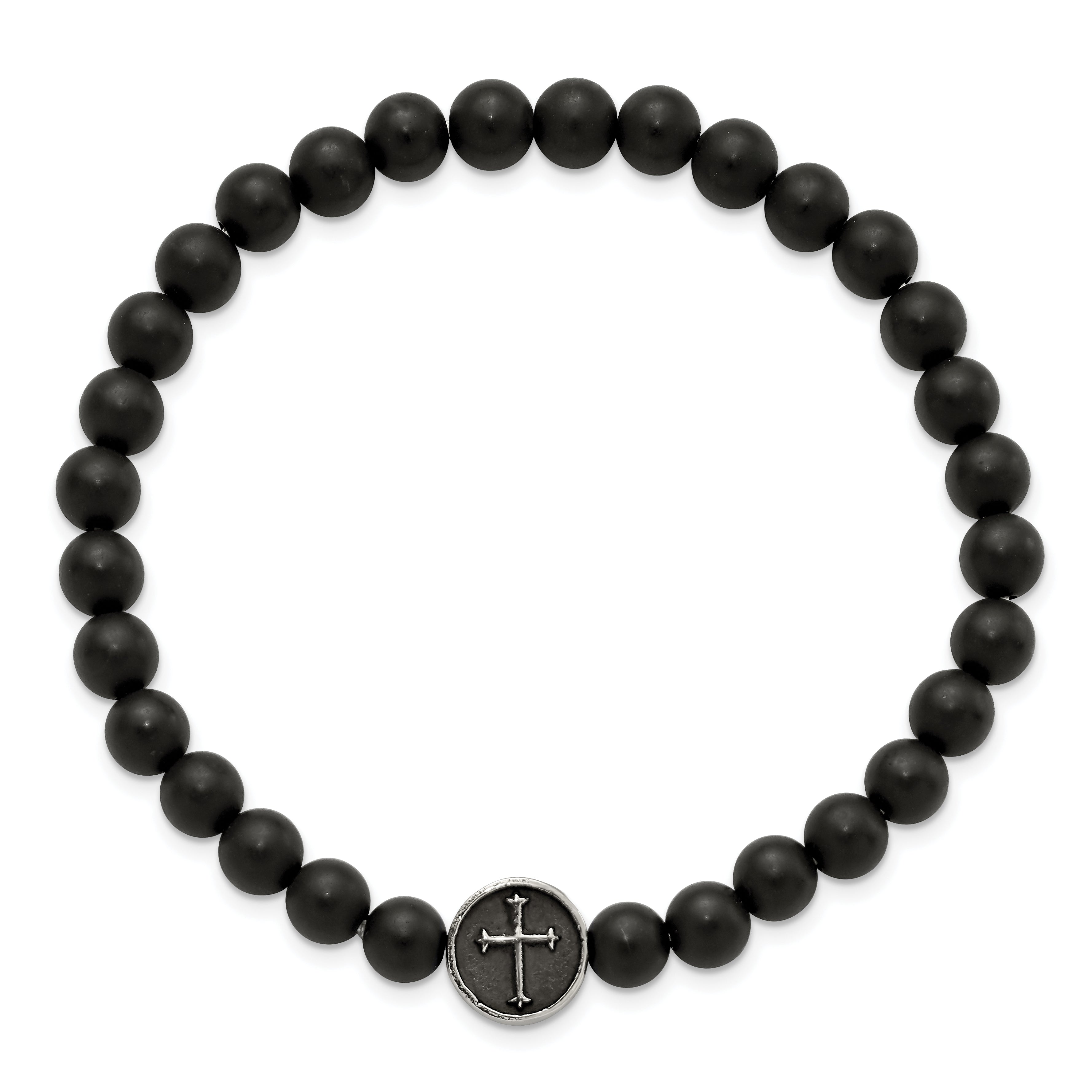 Cross & Black Agate Beaded Stretch Bracelet in Stainless Steel