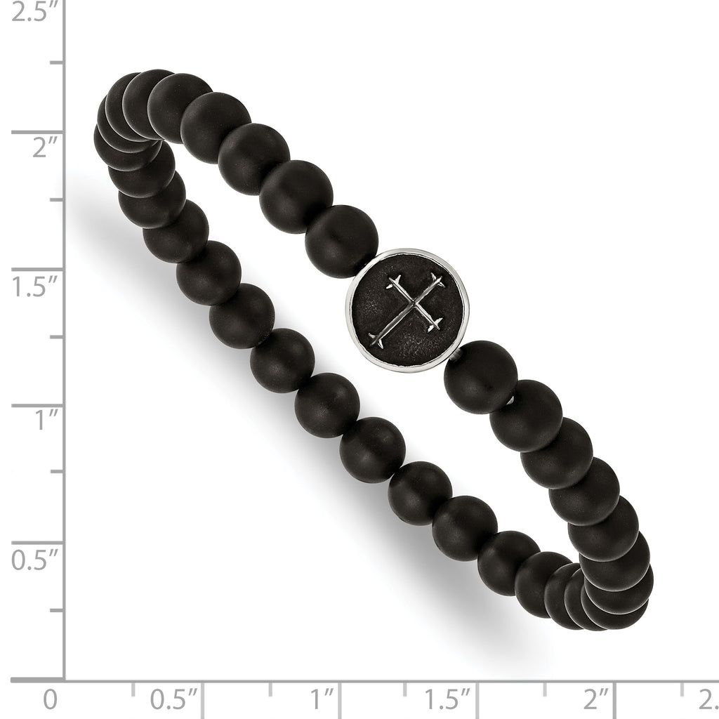 Cross & Black Agate Beaded Stretch Bracelet in Stainless Steel